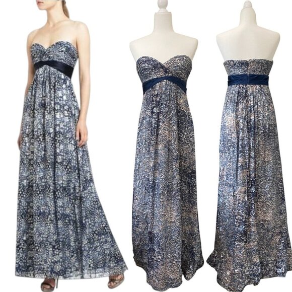BcbgMaxazria Silk Abstract Floral Print Empire Maxi Long Dress Chiffon Gown Navy - Picture 1 of 11